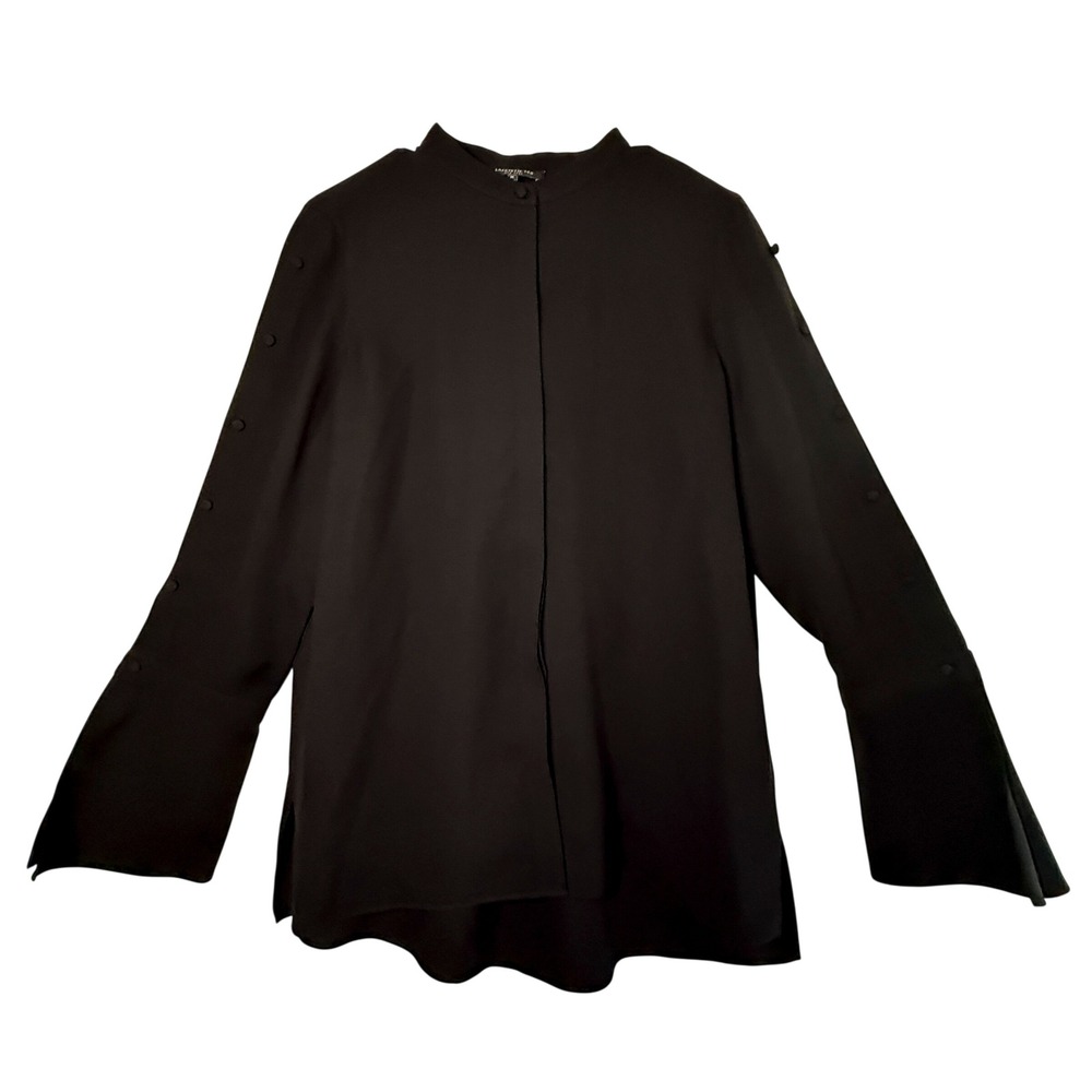 Lafayette 148 New York Rowan Silk Blouse Womens M Black Split Sleeve Mandarin